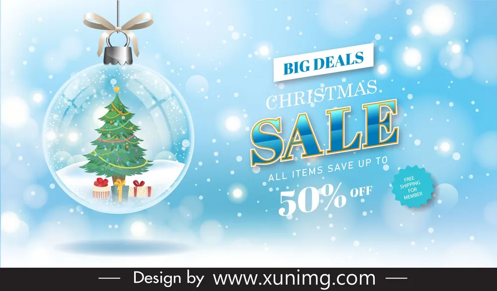 christmas sales banner template elegant glass ball fir tree decor 