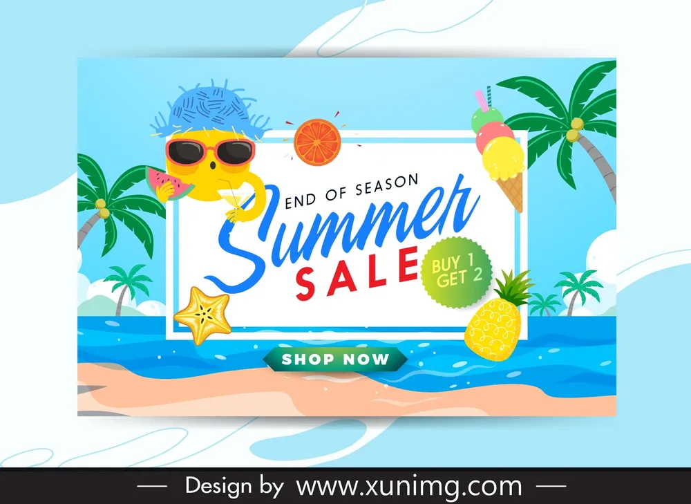 summer sale banner template stylized sun beach scene 