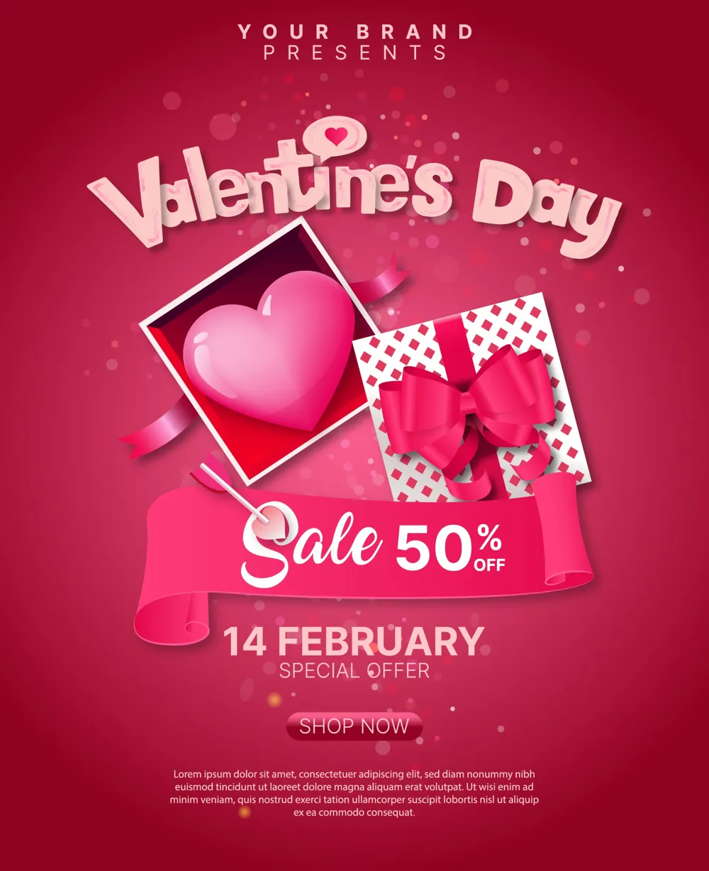 valentines day sale poster template elegant present box heart ribbon 
