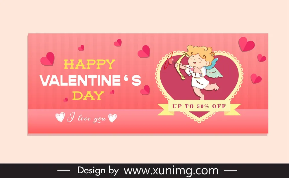 valentines day sale poster template cute cupid cartoon hearts ribbon decor 