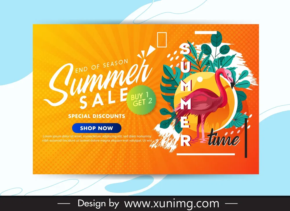 summer sale banner template elegant leaves flamingo 