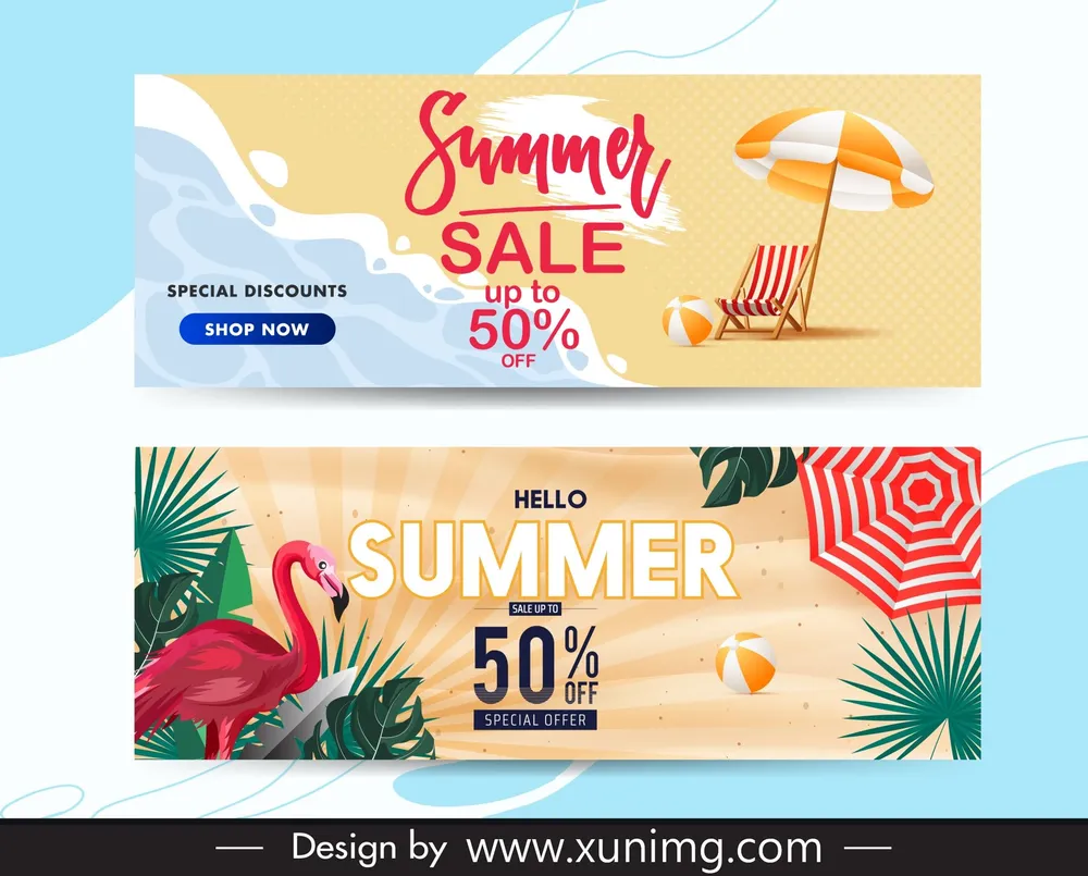 summer sale banner template sea scene leaves flamingo decor 
