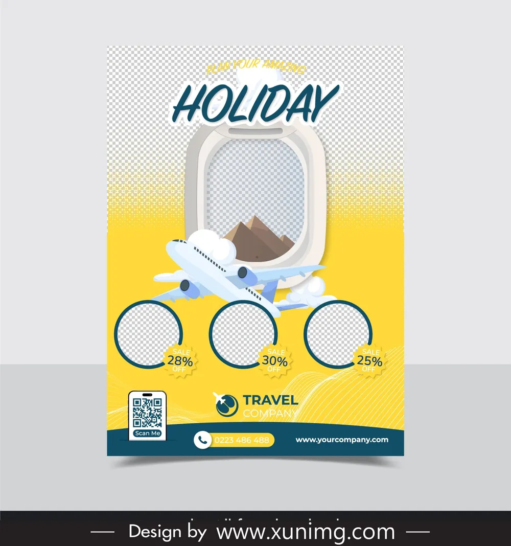 travel sale flyer template checkered circles airplane door mountain decor 