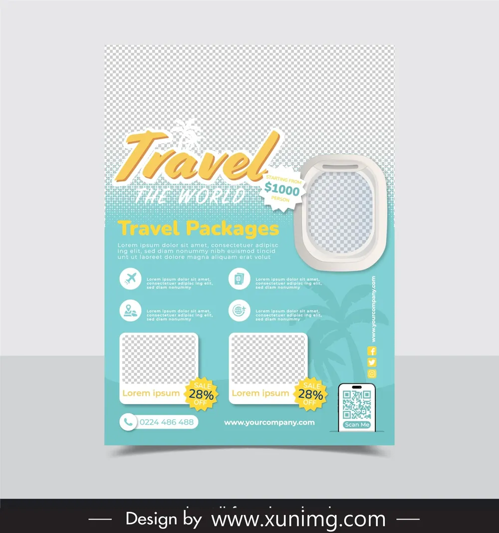 travel sale flyer template checkered decor coconut tree silhouette 
