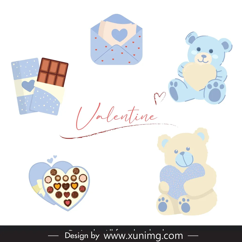 valentine design elements cute teddy bears chocolate envelopes 