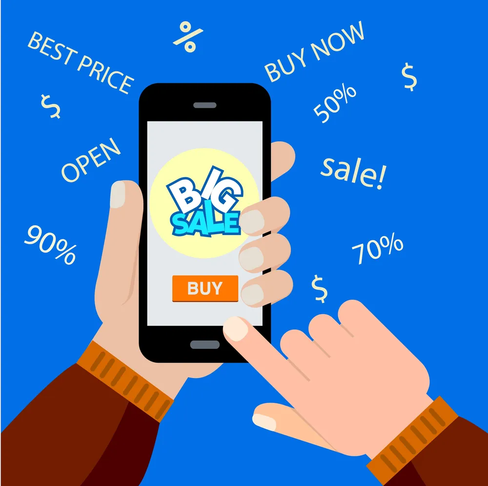 ecommerce sales background hand smartphone texts icons 