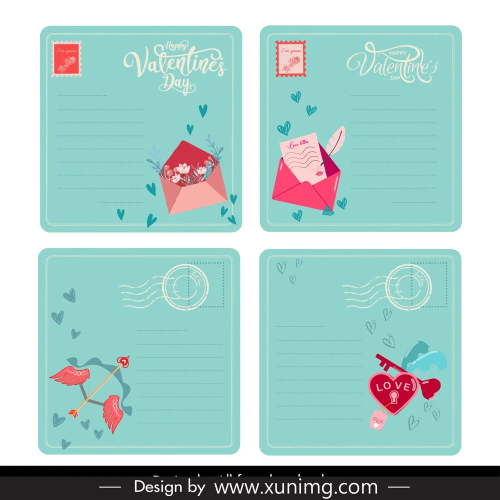 valentine cards collection envelope love symbols sketch 
