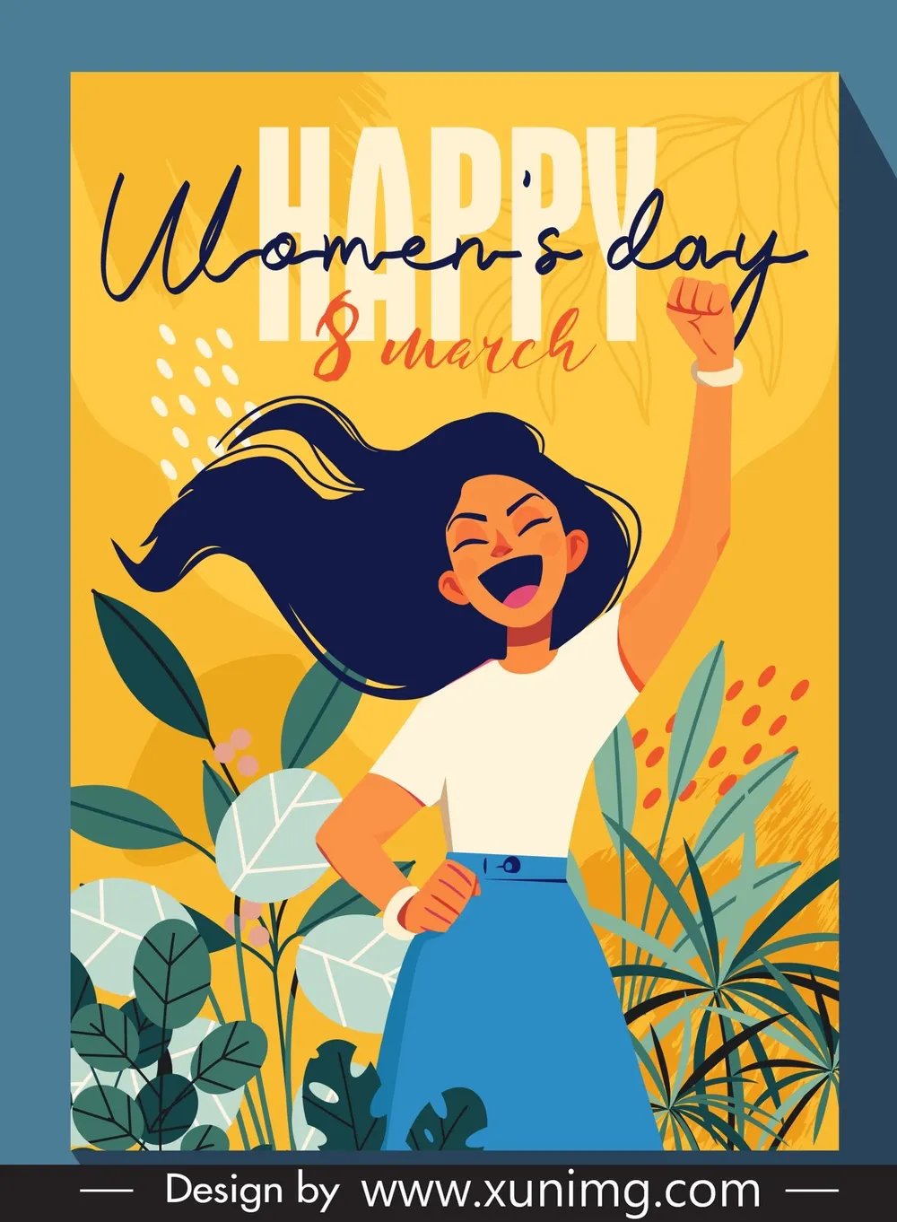 international womens day banner template dynamic excited girl leaves decor 