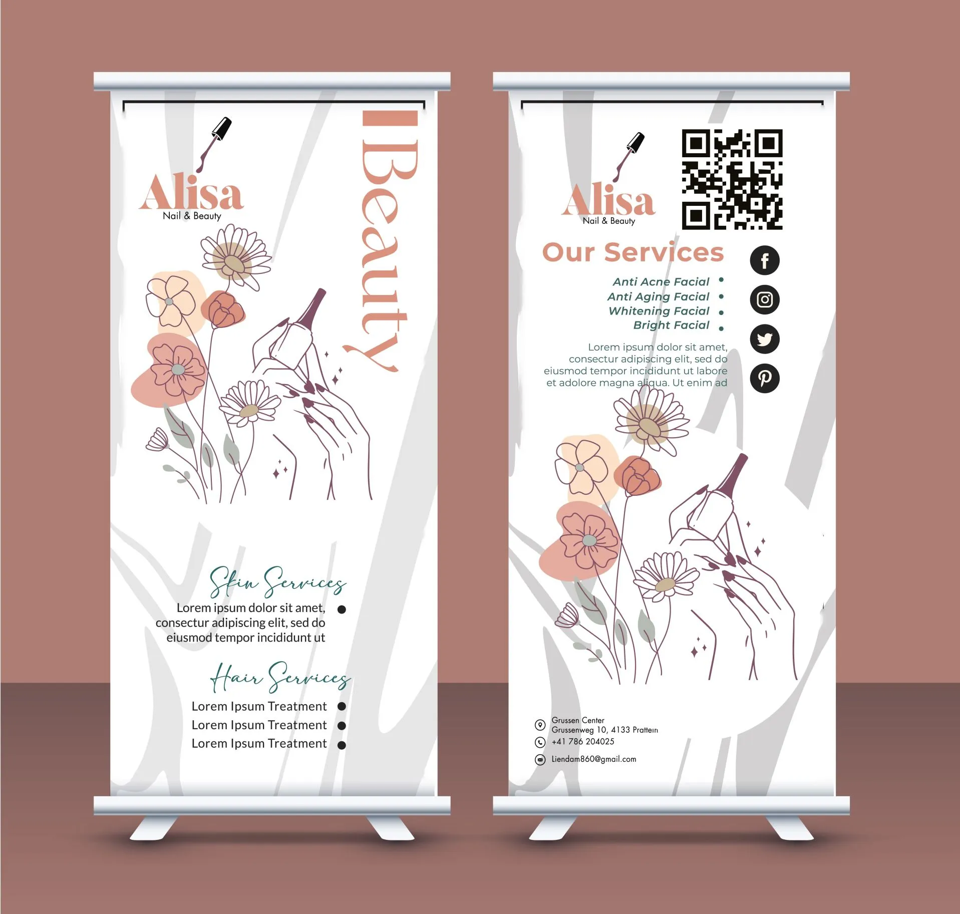 nail salon roll up banner template vertical handdrawn flowers decor 