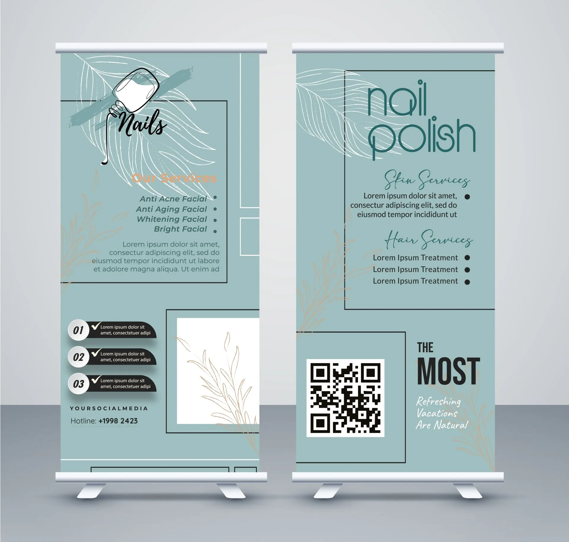nail salon roll up banner template elegant leaves handdrawn 