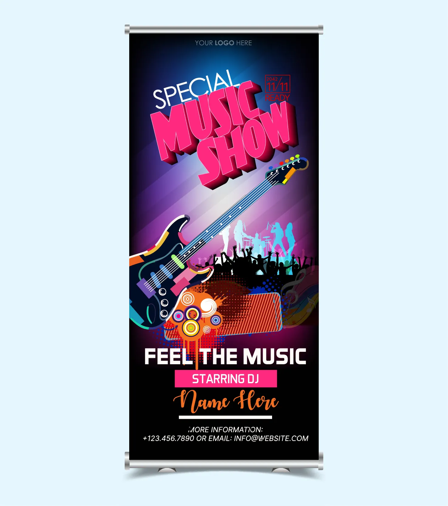 music show roll up banner template dynamic silhouette audience guitar decor 
