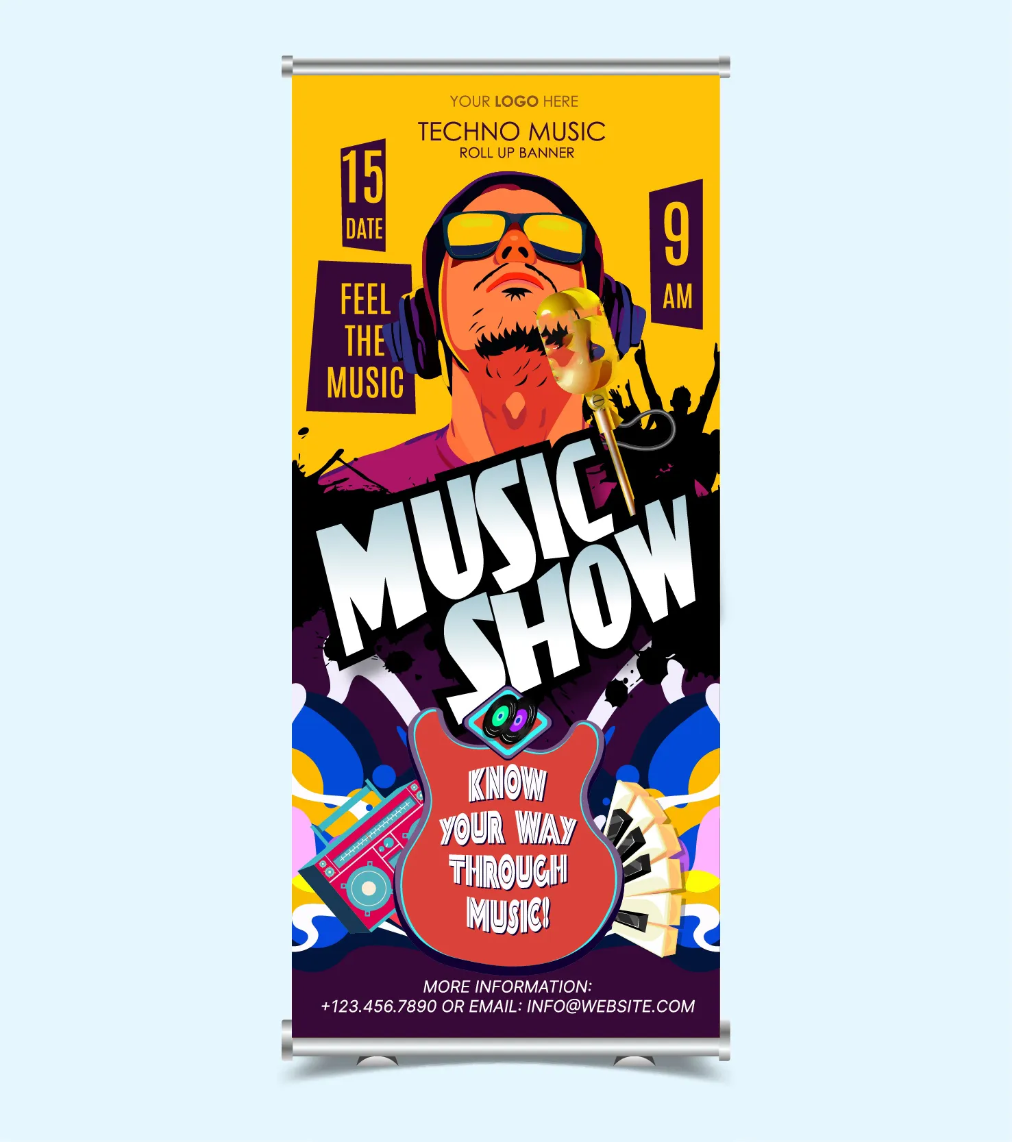 music show roll up banner template singer audience instruments decor 