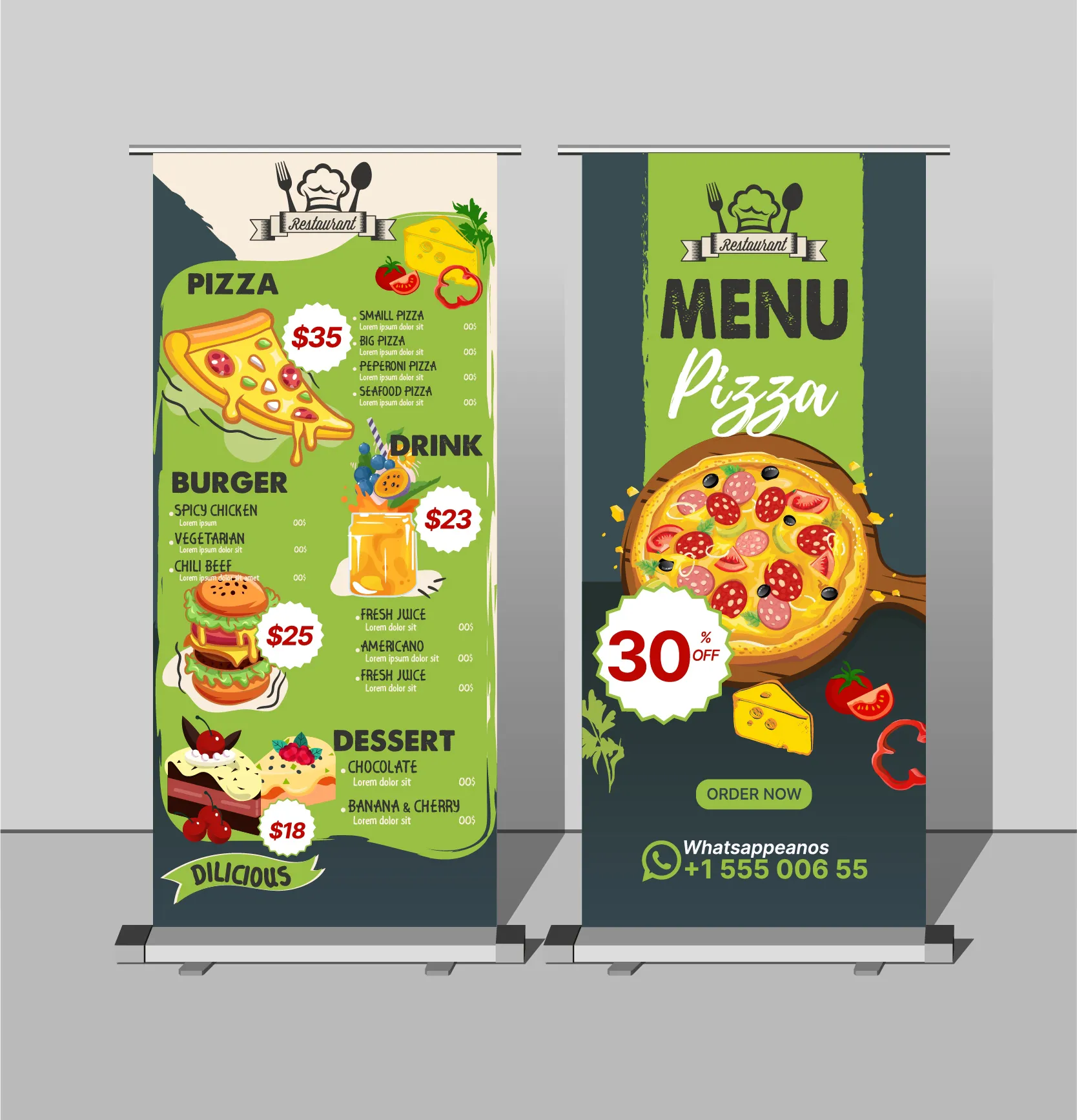  pizza restaurant menu template contrast vertical roll up 
