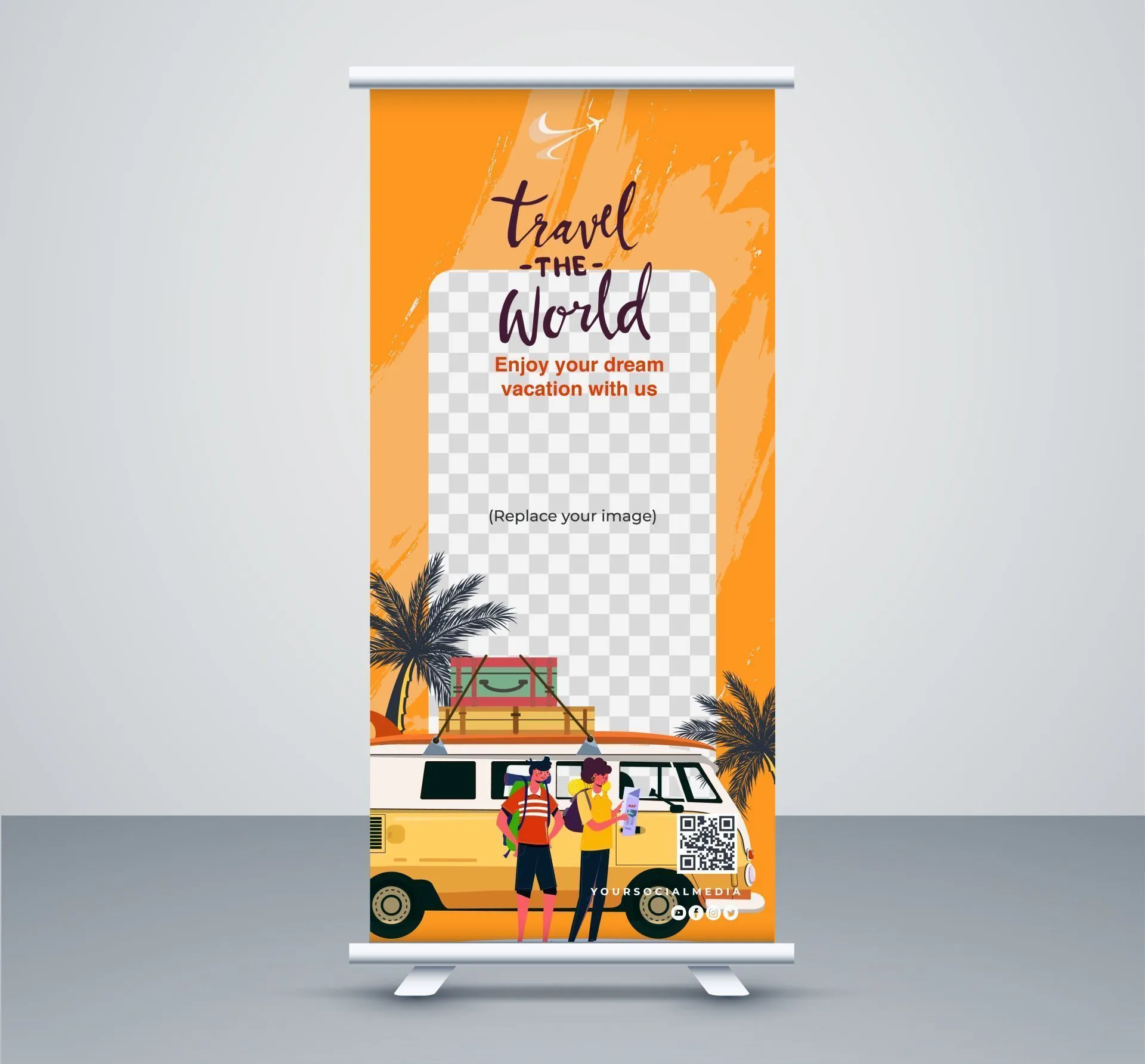 travel agency roll up banner template classical bus checkered 