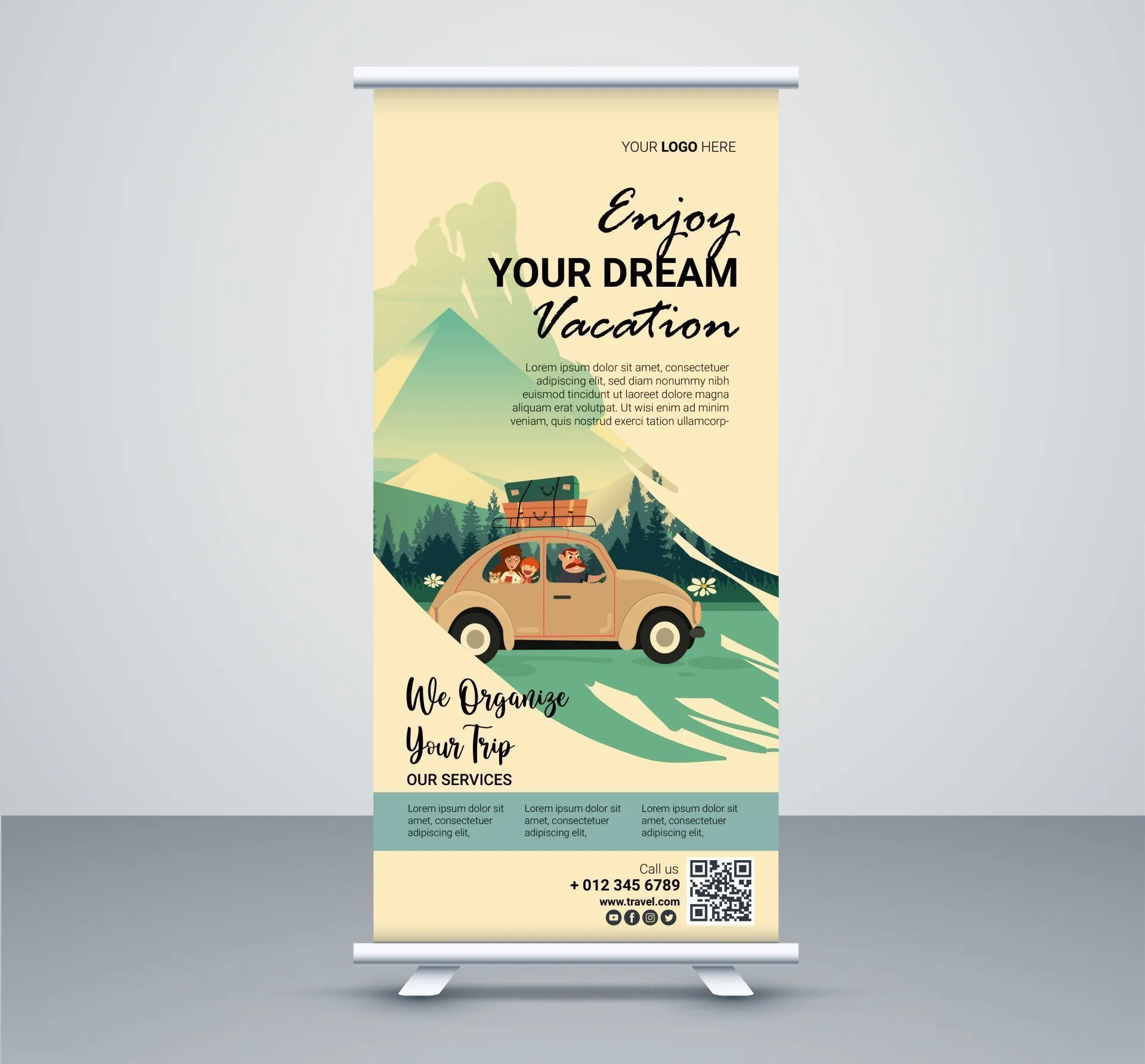 travel agency roll up banner template retro car trip 