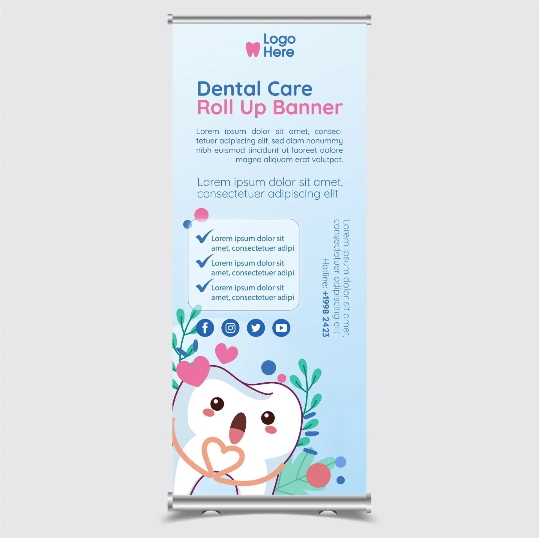 dental roll up banner template cute stylized tooth leaves hearts 