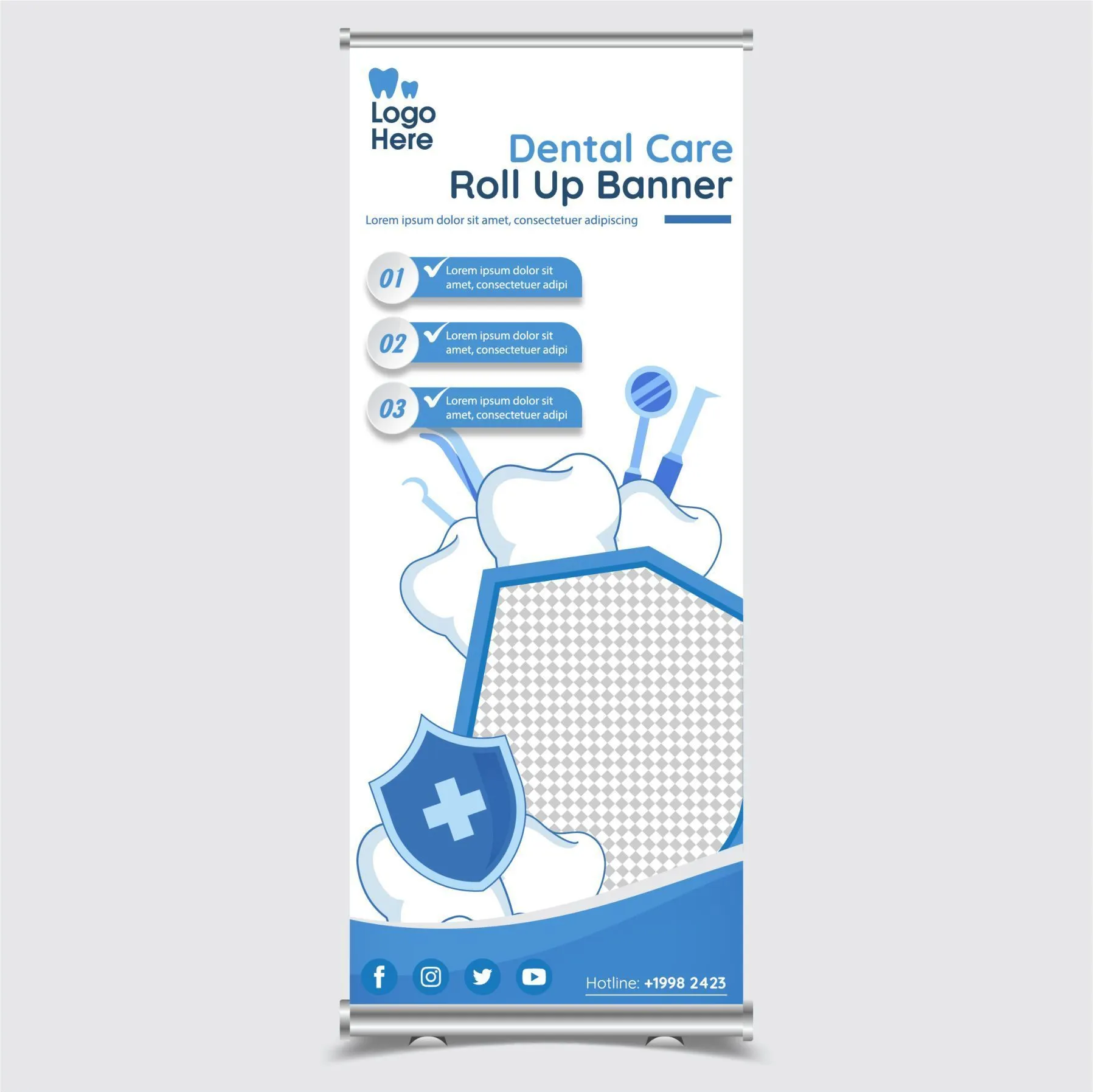 dental roll up banner template shield checkered teeth decor 