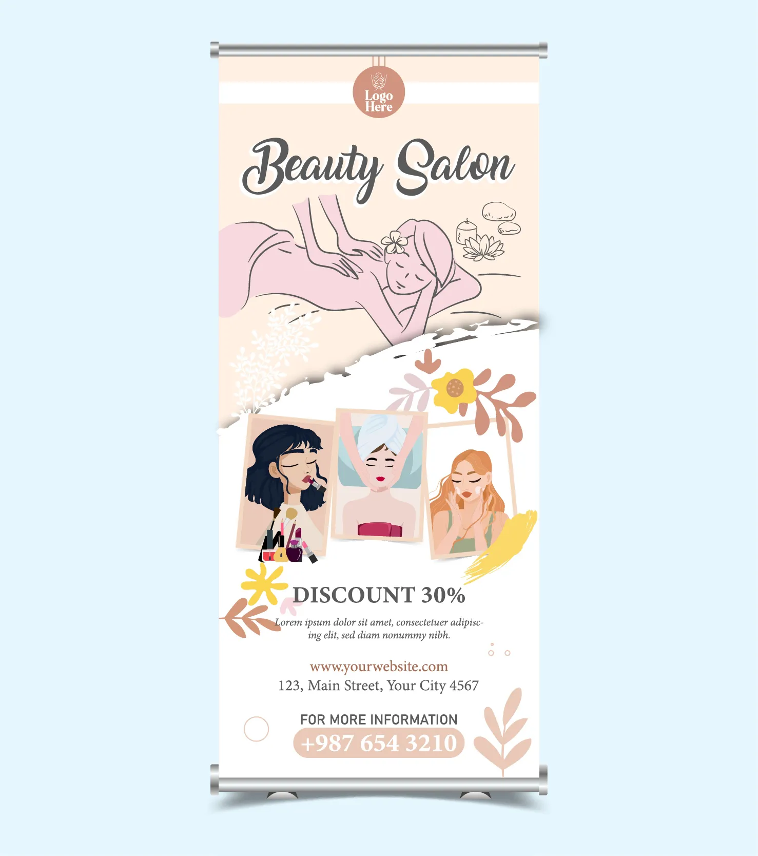 beauty spa roll up banner template cartoon lady relaxation flowers leaves 