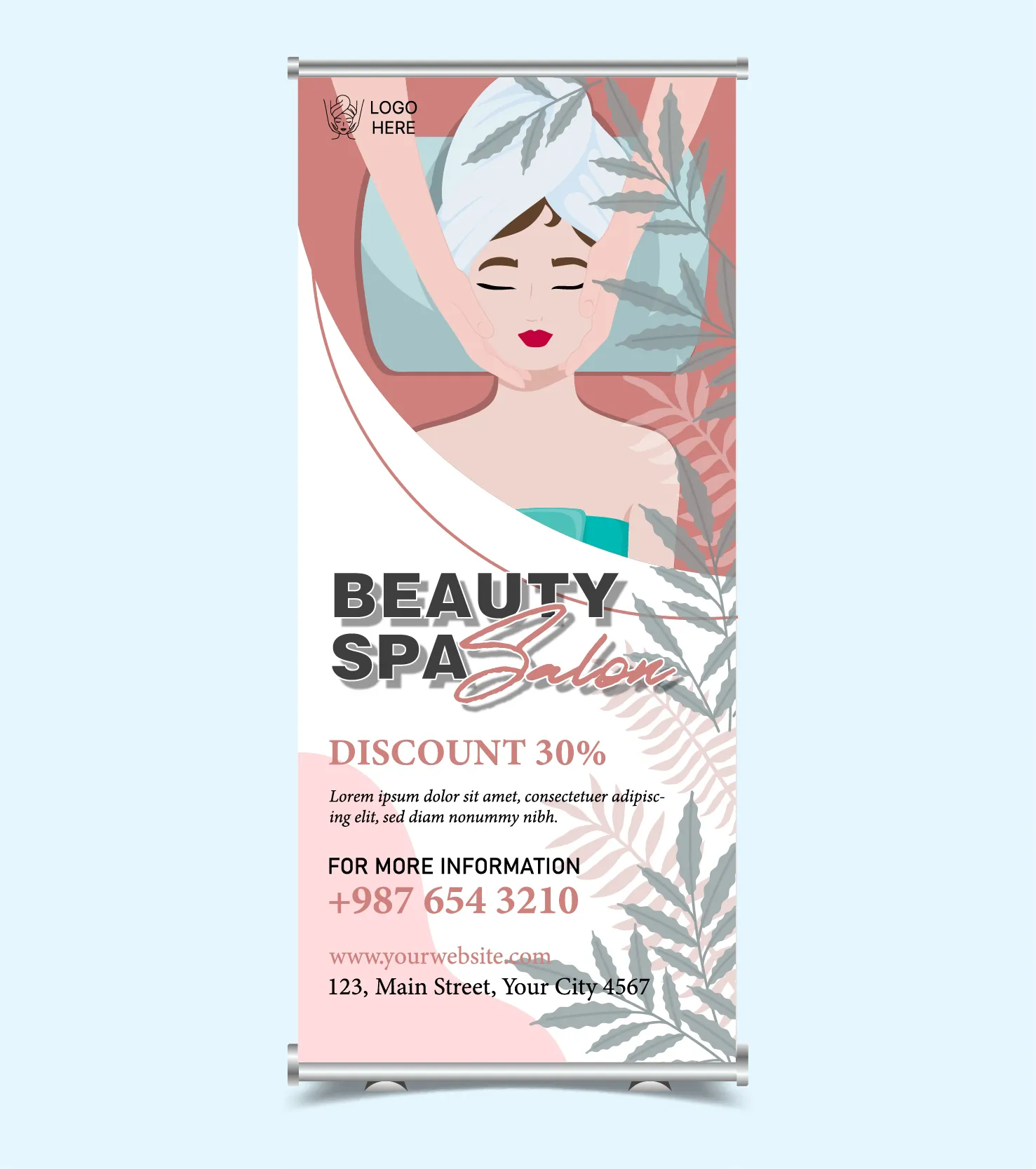 beauty spa salon roll up banner template cartoon lady leaves decor 