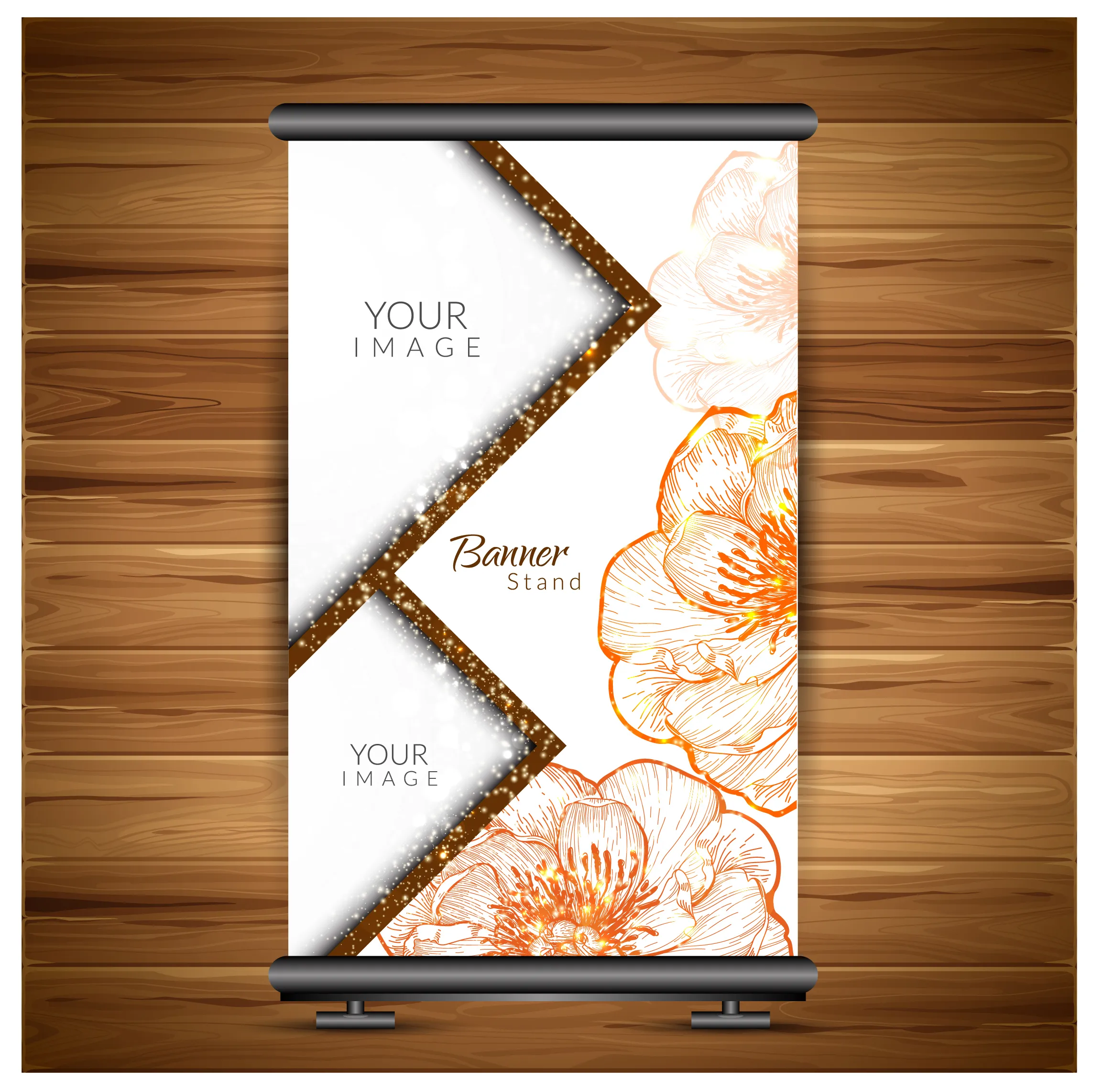 roll up banner design with flower background 