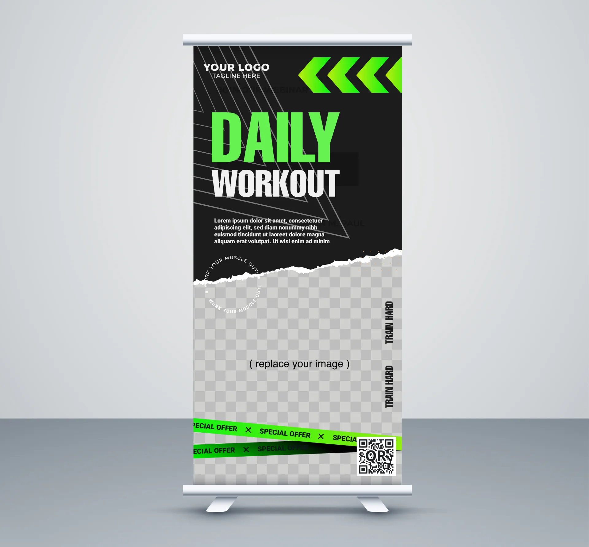 gym fitness banner template modern roll up geometry 