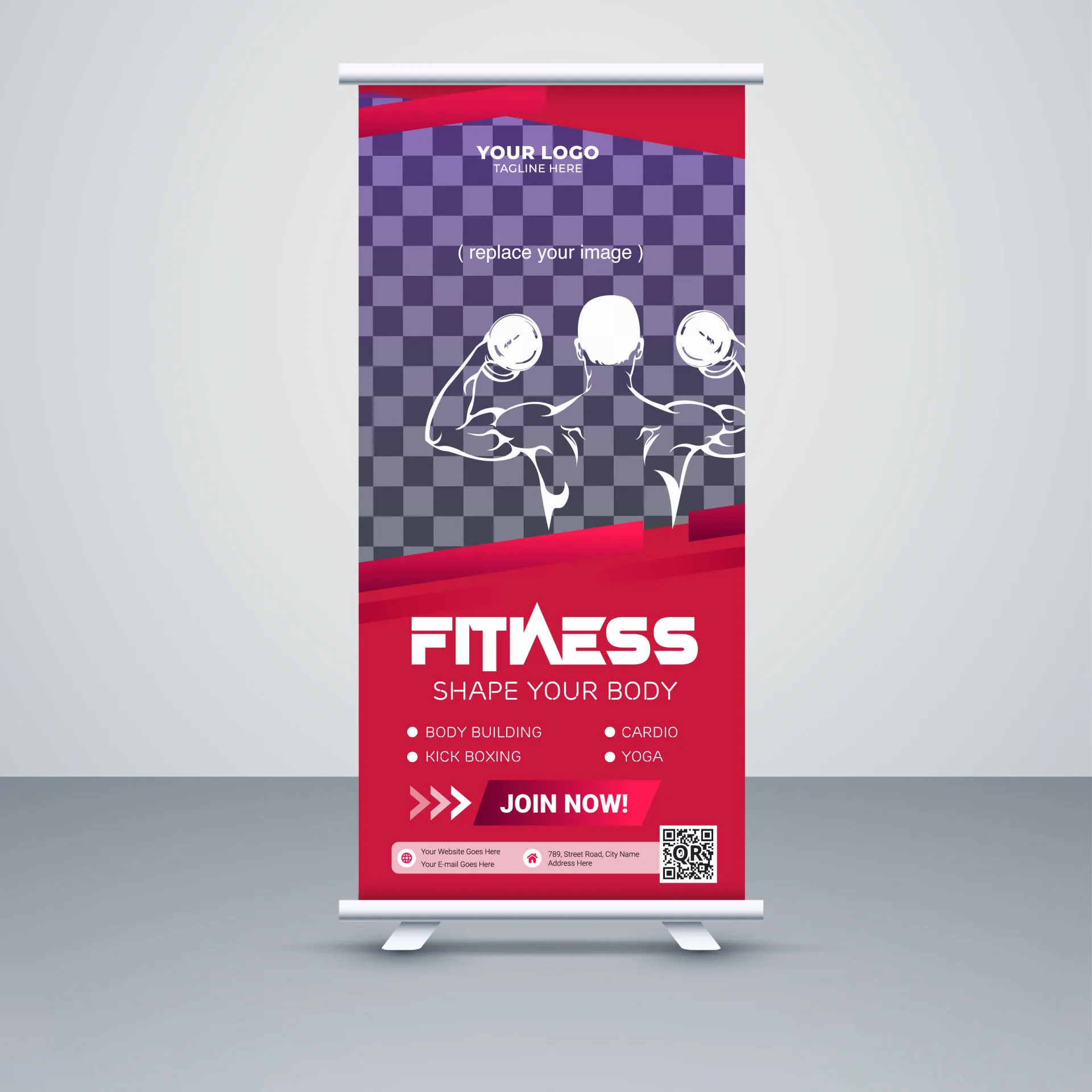 gym fitness banner template silhouette checkered standee 
