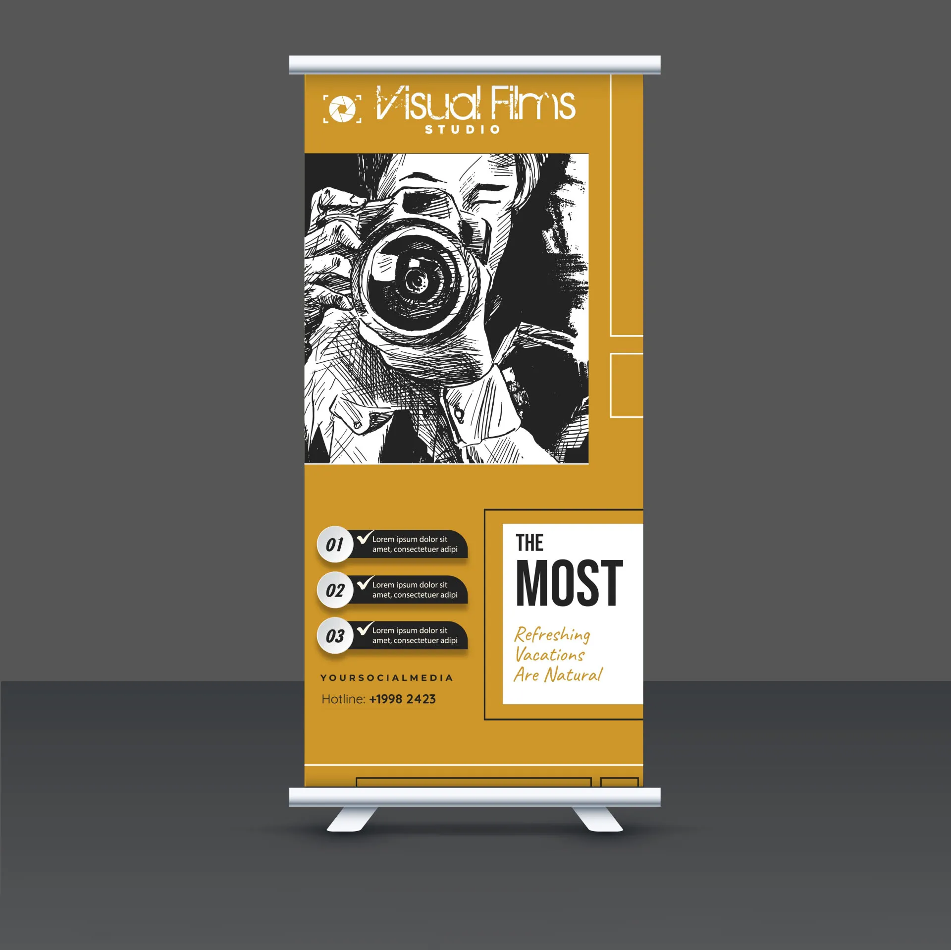 photography roll up advertising banner handdrawn lady shooting camera 