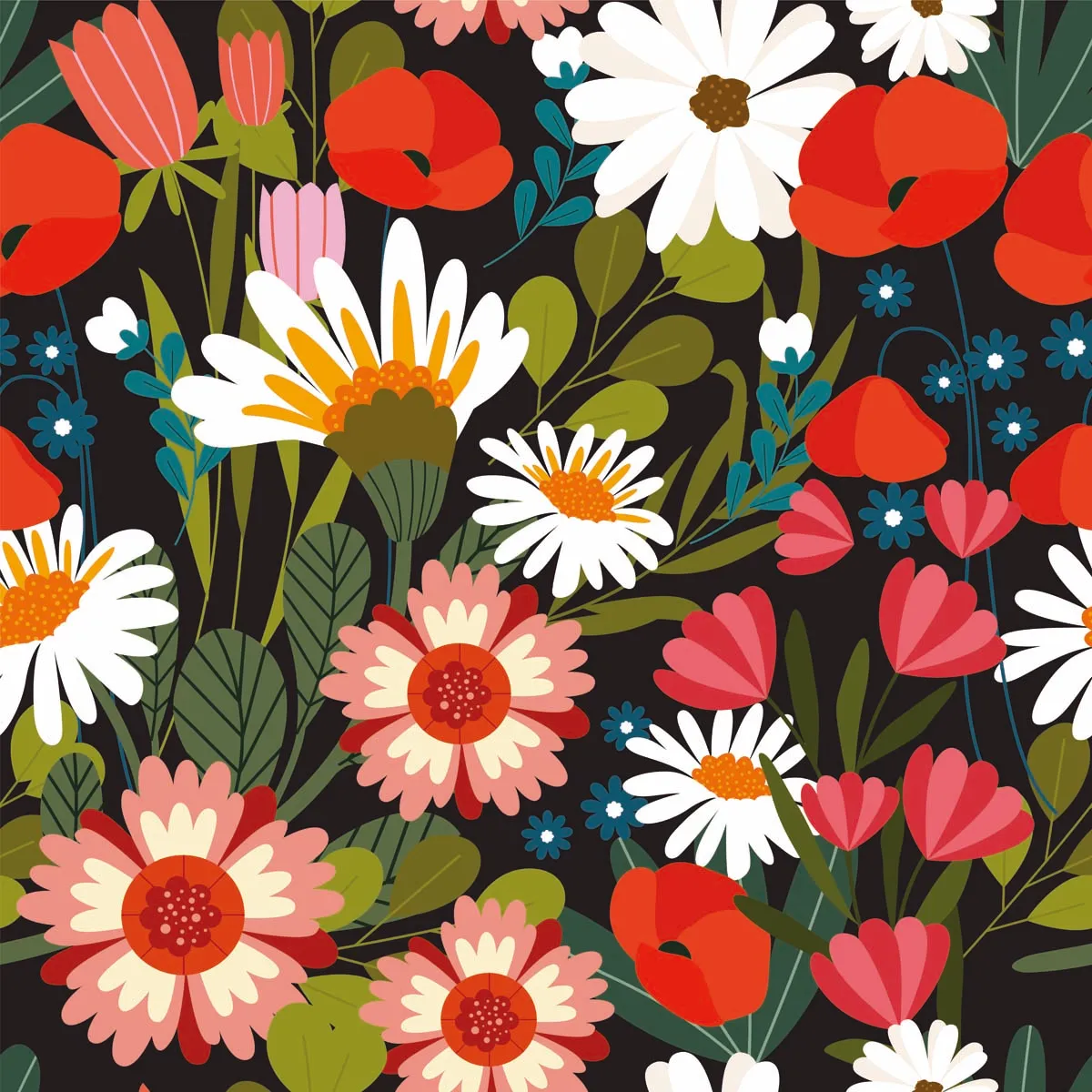 Flowers Seamless Pattern with Black Background