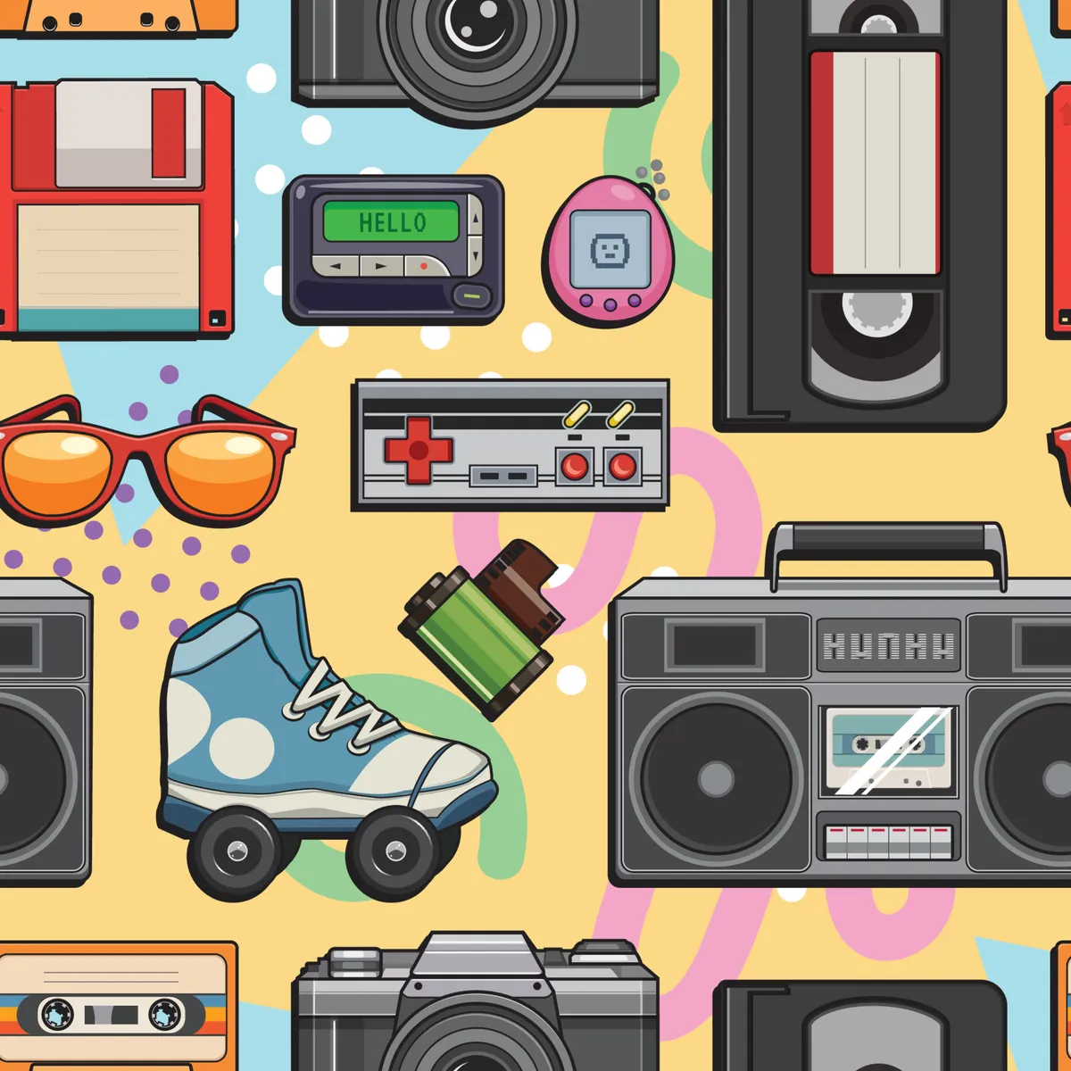 90s Retro Items Seamless Pattern