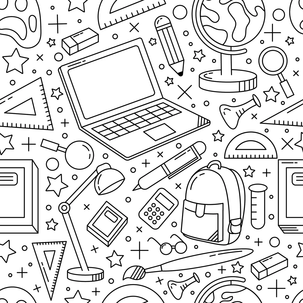 Outline School Supplies Seamless Pattern