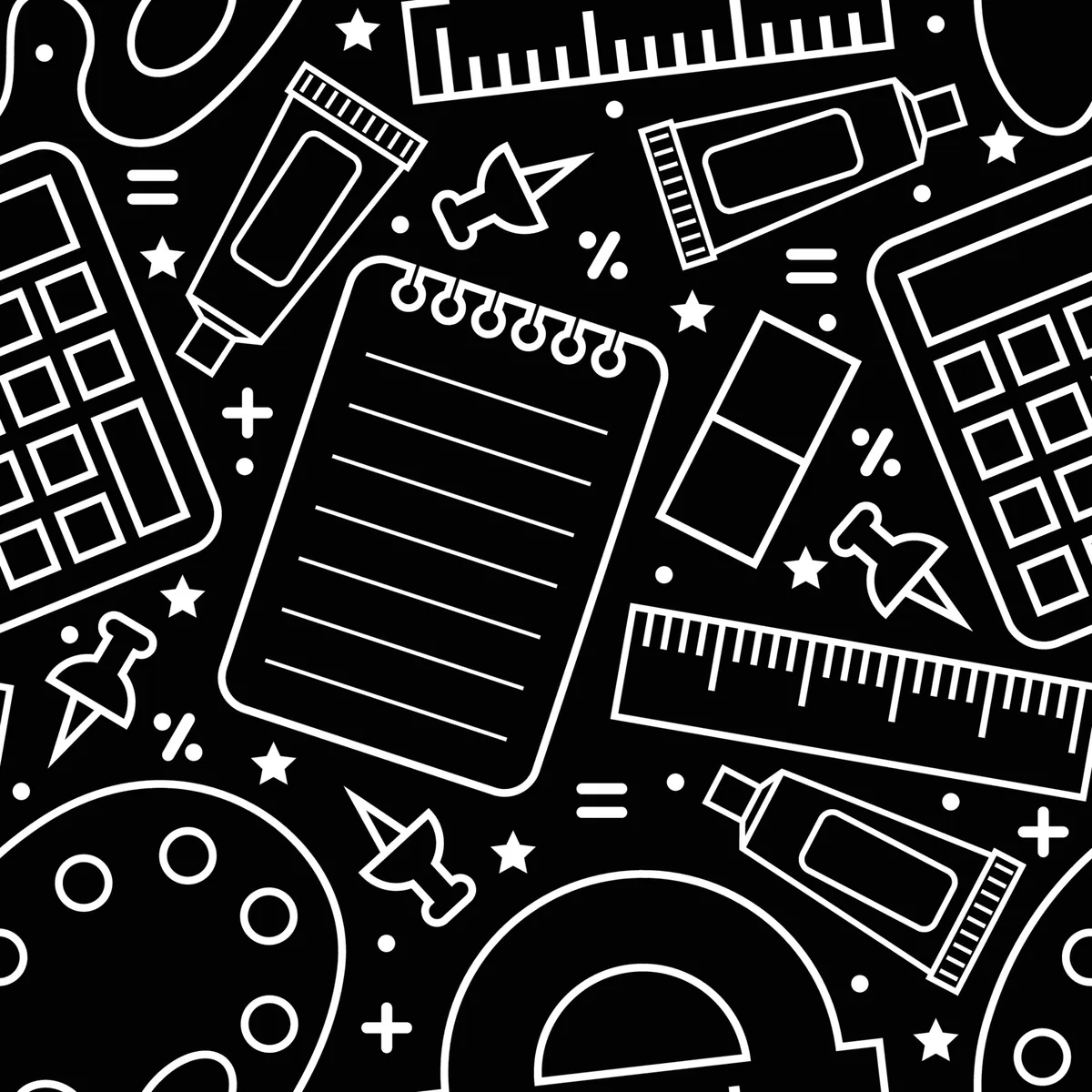 School Supplies Outline Black And White Seamless Pattern Background