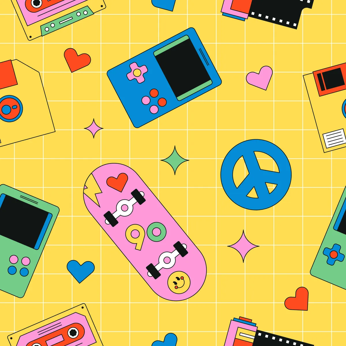 Retro 90's Seamless Pattern with Different Objects