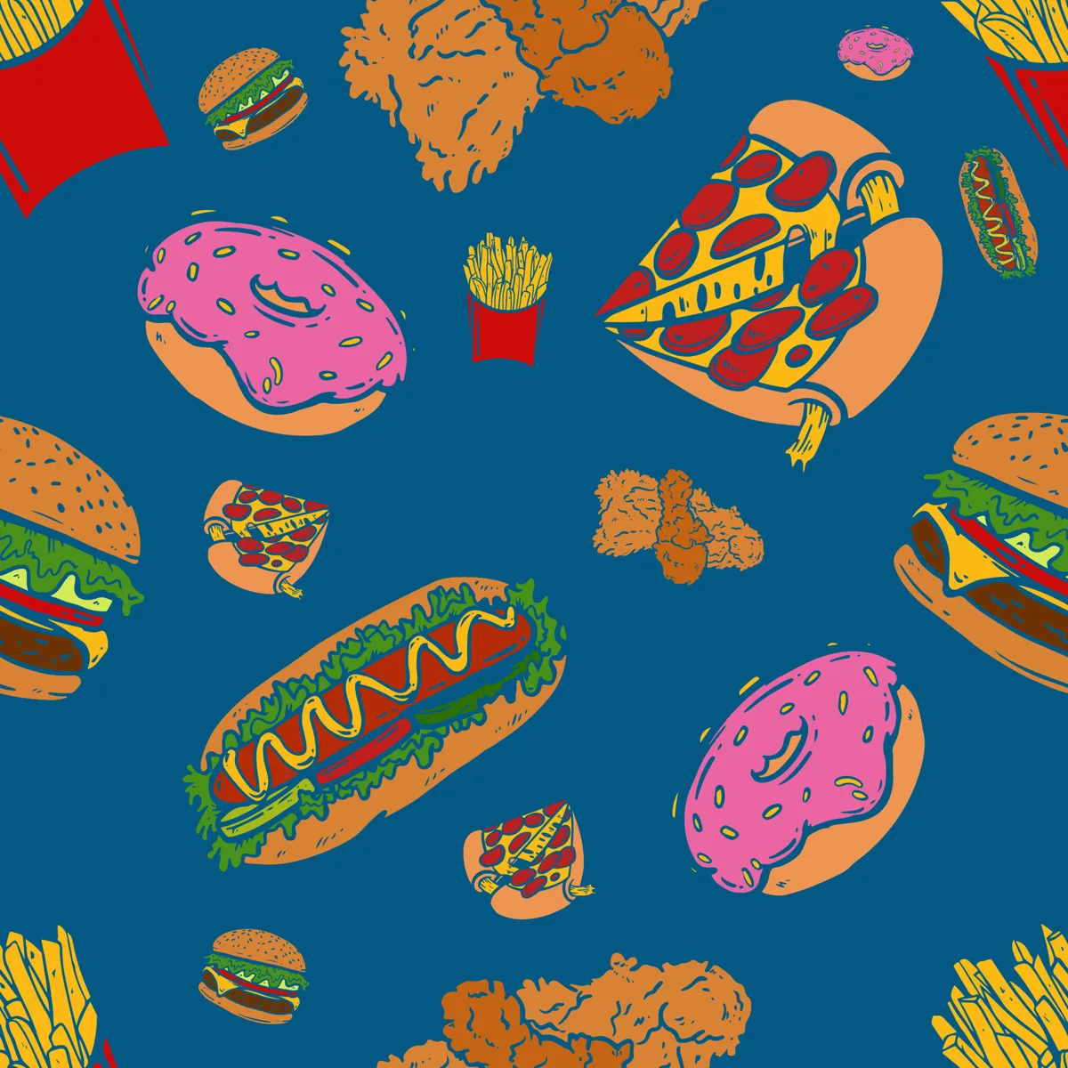 Flat Doodle Junk Food Seamless Pattern Retro Background