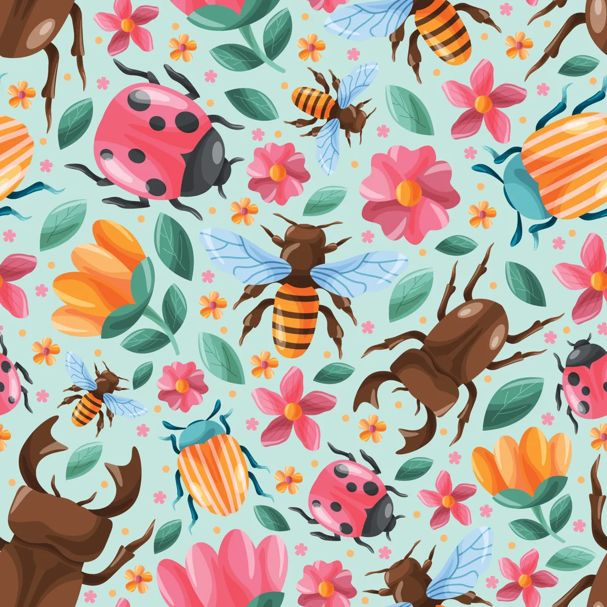 Bugs And Insects Seamless Pattern With Colorful Blooming Flower