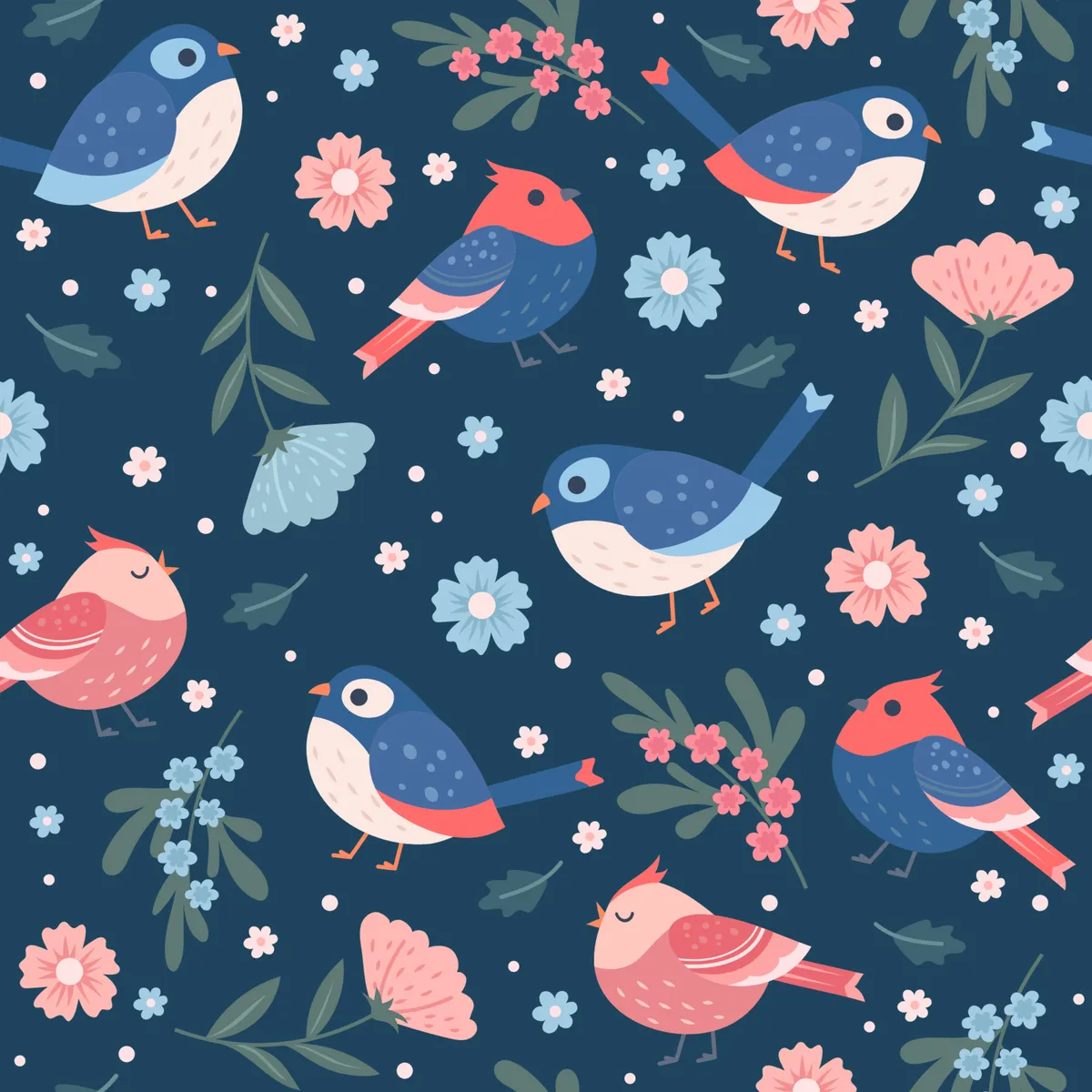 Cute Spring Seamless Patterns with Birds and Flowers