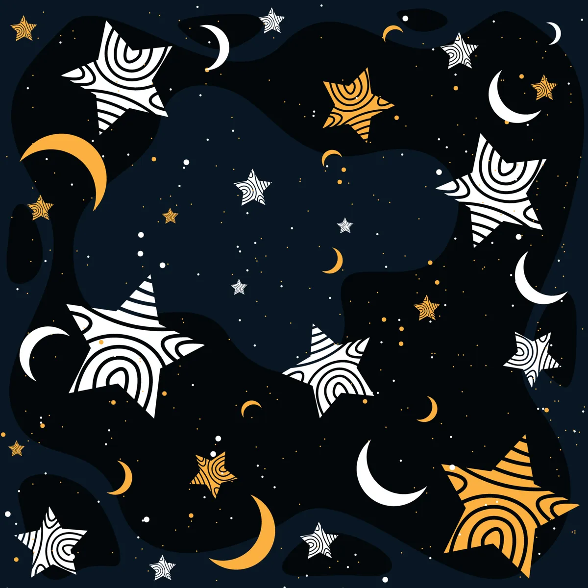 Stars and Moon in Dark Blue Sky Seamless Pattern