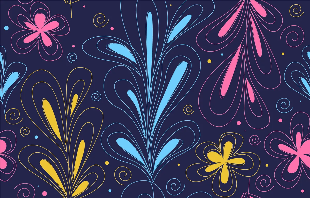 Colorful One Line Art Leaves And Flower Seamless Pattern