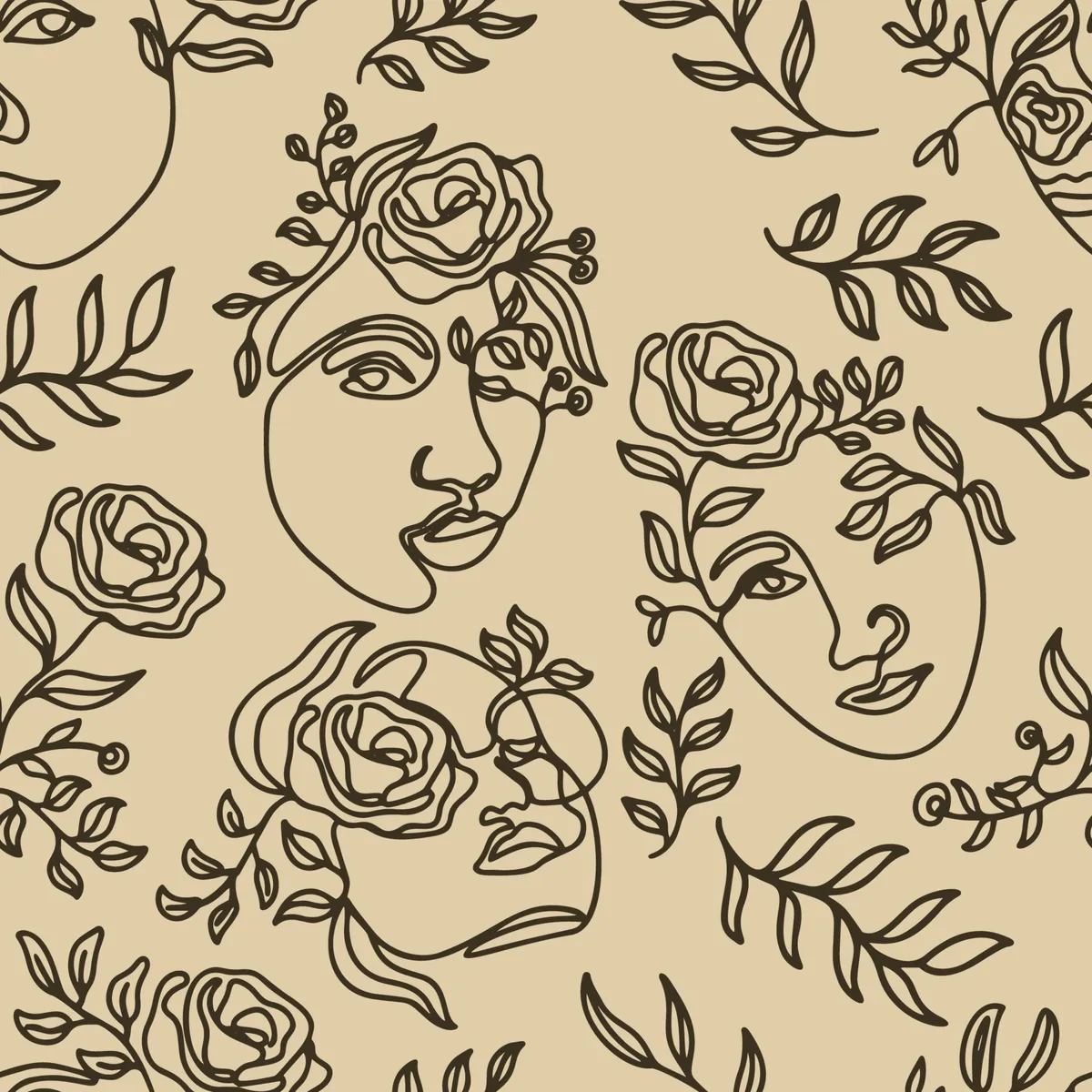 One Line Drawn Flower Face Seamless Pattern