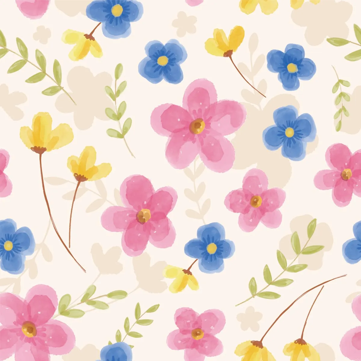 Handdrawn Watercolor Pink, Blue, Yellow Flower and Foliage Seamless Pattern