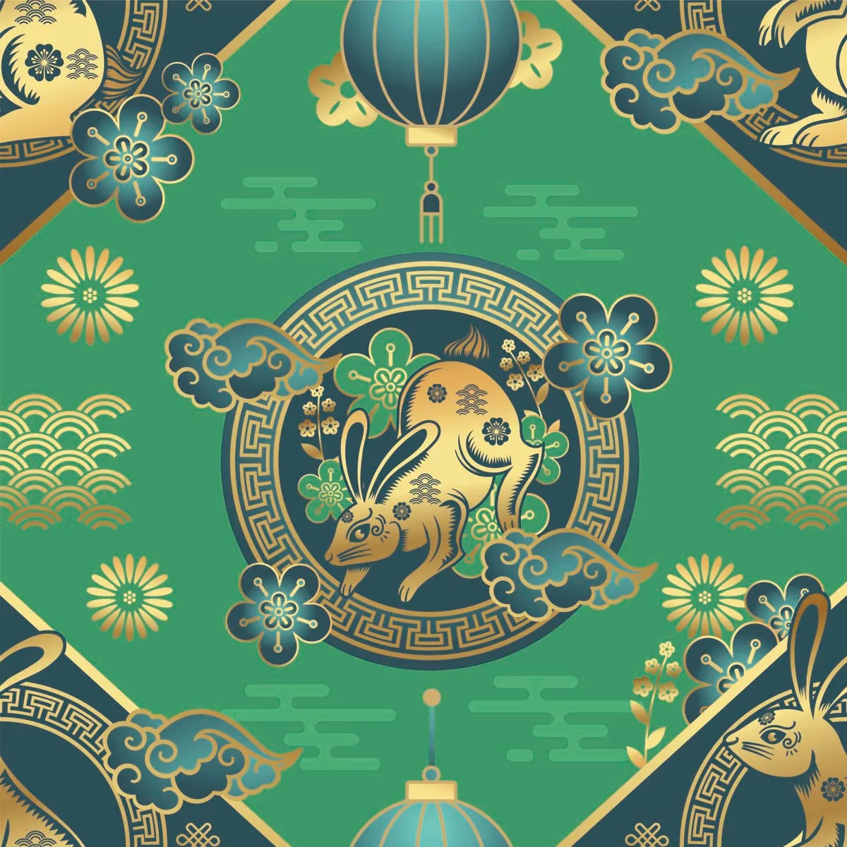 Jade Green Rabbit Chinese New Year Seamless Pattern