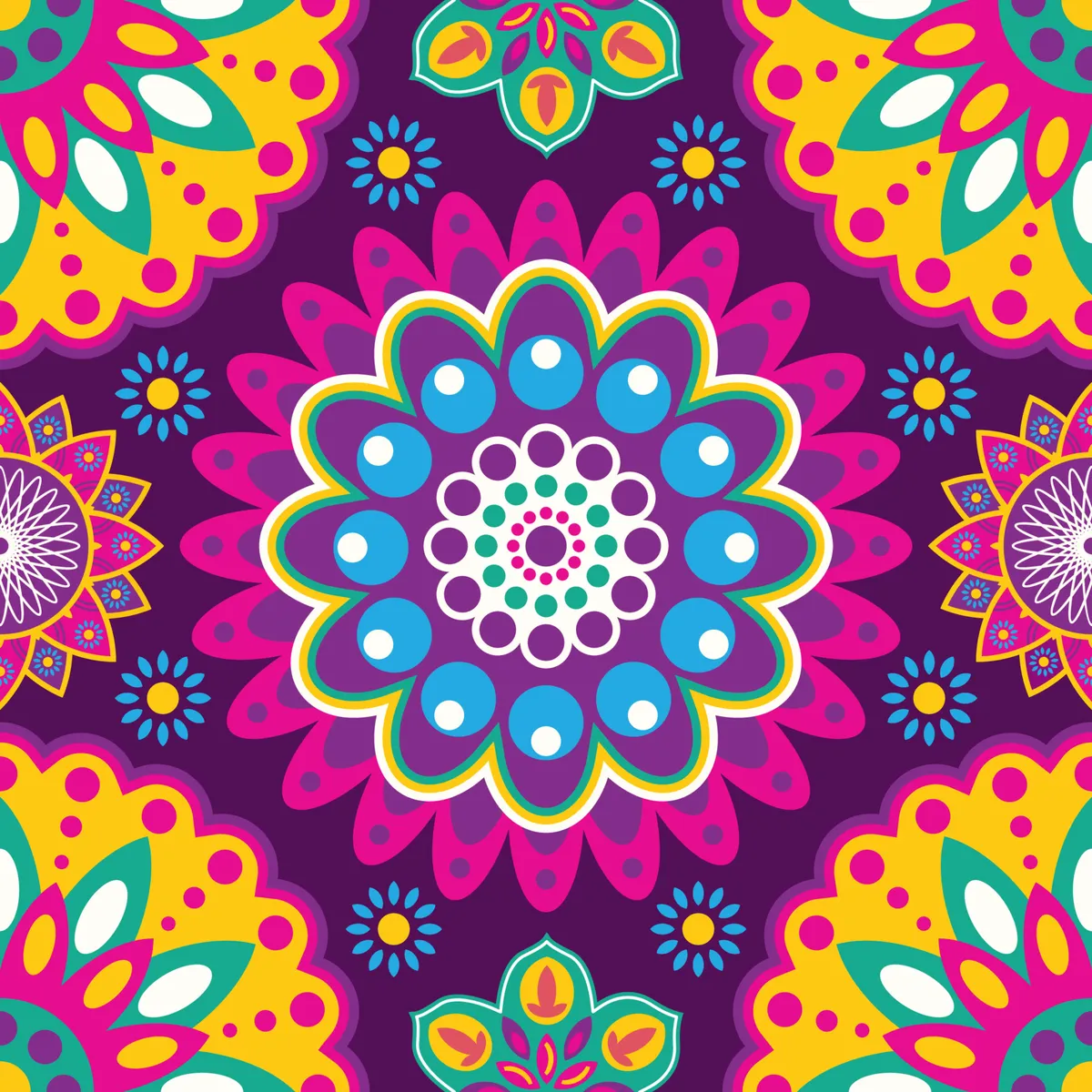 Beautiful Rangoli Colorful Geometric Flowers Seamless Pattern Background