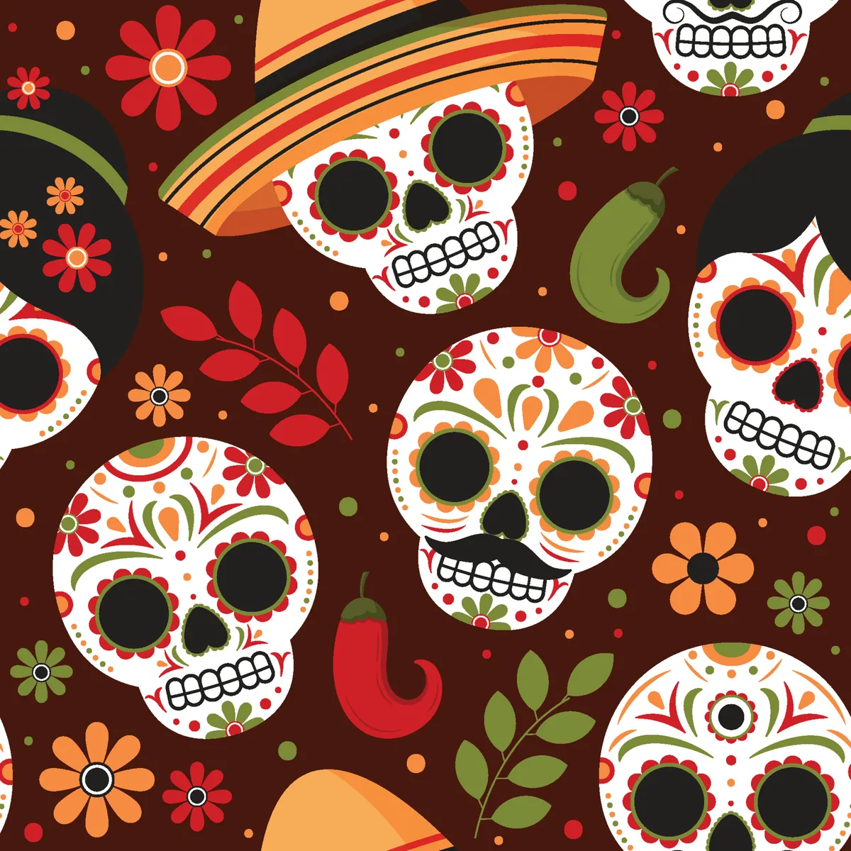 Dia De Los Muertos Pattern with Skull and Floral