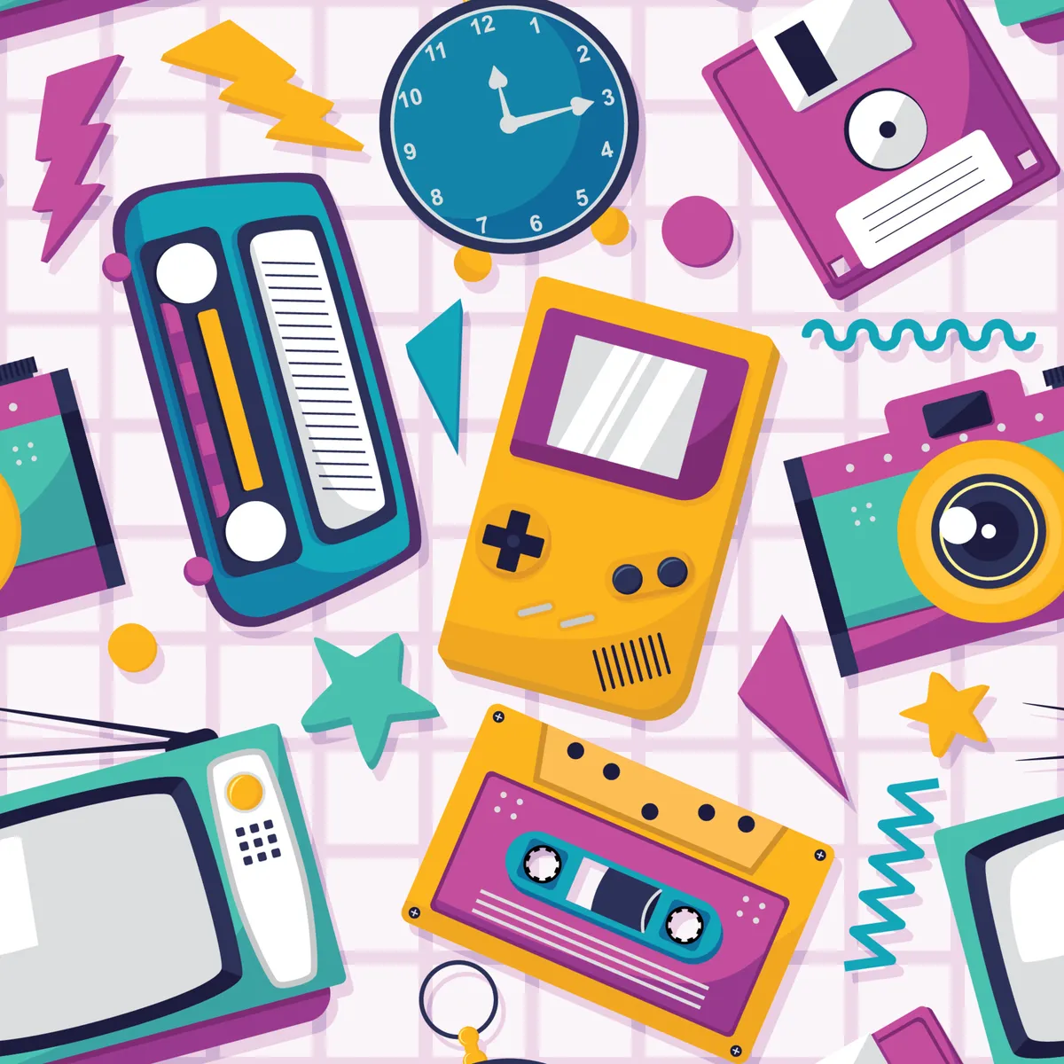 Retro 90' Seamless Pattern with Different Object