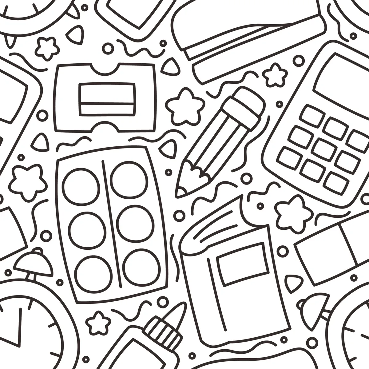 School Supplies Outline Doodle Seamless Pattern