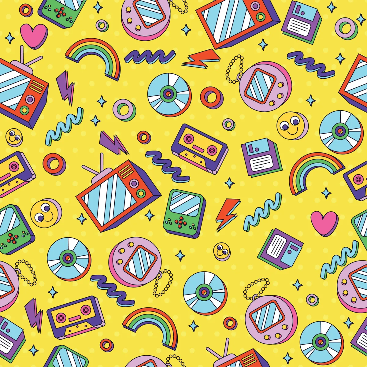 Hand Drawn Nostalgic 90s Seamless Pattern