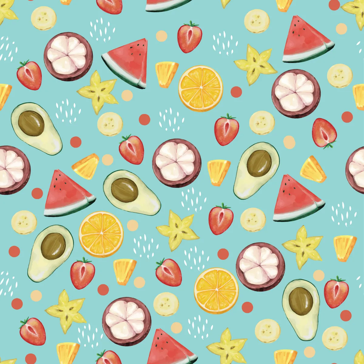 Watercolor Seamless Pattern of Tropical Fruit