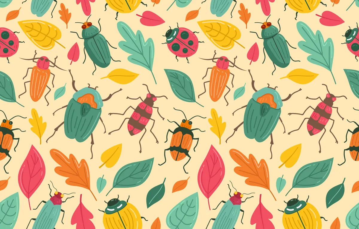 Bugs and Tropical Leaf Seamless Pattern Background