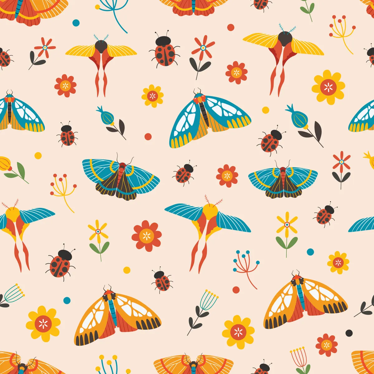 Insect and Flower Seamless Pattern