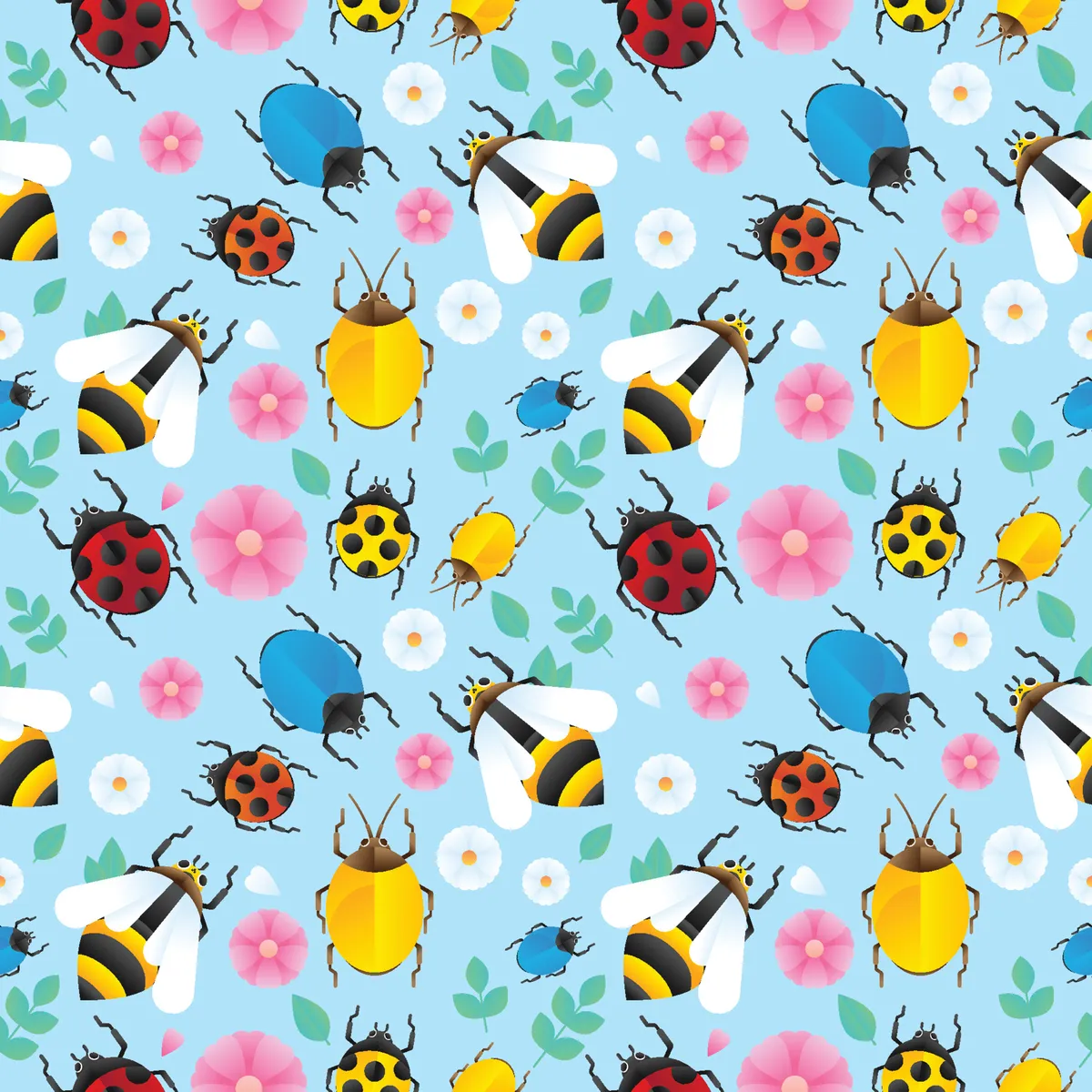 Insects And Flowers Seamless Pattern