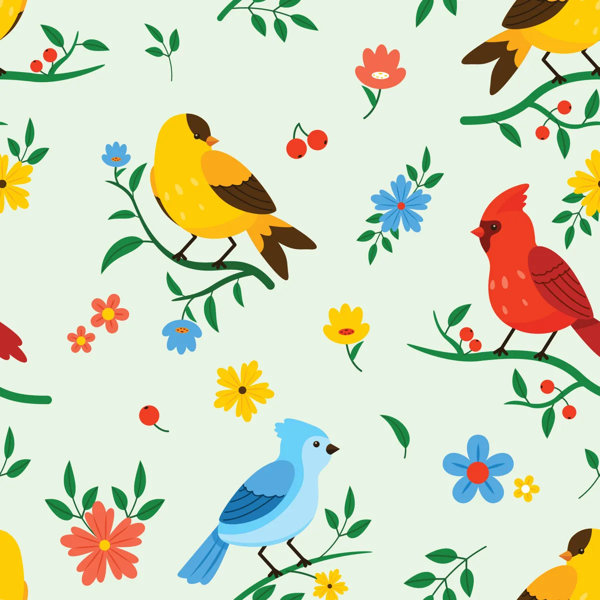 Seamless Pattern of Spring Birds